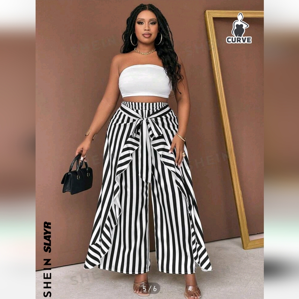 Black and white striped pants ruffle hem tie front pants